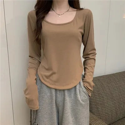 Women's temperament elegant bottoming thin section long-sleeved T-shirt irregular Slim short tops bottoming shirt