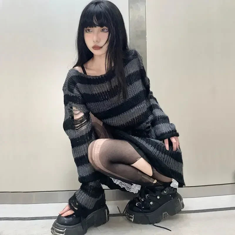New Purple Striped Gothic Sweaters Women Ripped Holes Loose Knitted Pullover Frayed Fairy Grunge Jumpers Emo Streetwear Lolita