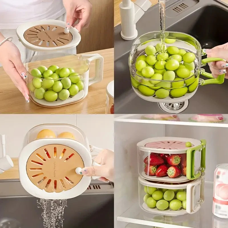 2-in-1 Double Layer Drain Basket Fruit Drainer Container with Foldable Handle Food Strainer Thickened Fruit Plate Easy to Clean