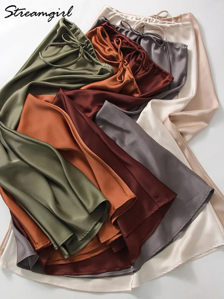 Long Satin Skirts Women Dark Green Luxury Spring Summer Maxi Straight Black Skirt Long Shining Satin Skirt Maxi Brown Ladies
