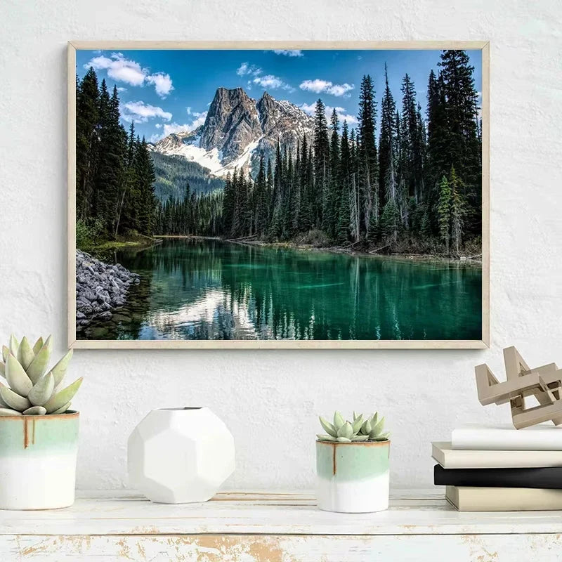 Nature Landscape Green Forest Mountain Lake Boat Poster Print Canvas Painting Wall Art Pictures Modern Living Room Home Decor