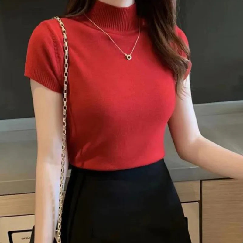 Turtleneck T-Shirt Women's Fashion Jumper Casual Tops Korean Style Elegant Solid-Coloured Clothing Spring And Summer Season