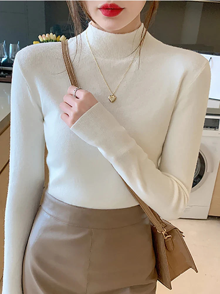 AOSSVIAO Turtleneck Sweater Women Fashion 2026 New Stretch Tops Women Knitted Pullovers Long Sleeve Bottoming Knitted Sweater