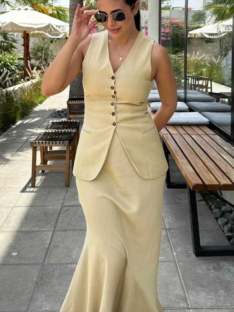 HH Women 2024 Fashion Summer Vest Skirt Sets Khaki V-Neck Sleeveless Pockets Waistcoats+High Waist Asymmetrical Skirt Suits