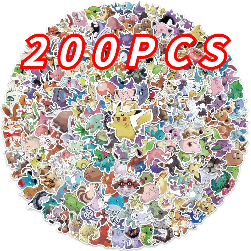 200PCS/Set Kawaii Pikachu Pokemon Stickers for Laptop Phone Suitcase Skateboard Guitar Cute Cartoon Stickers Kid Gift Toys