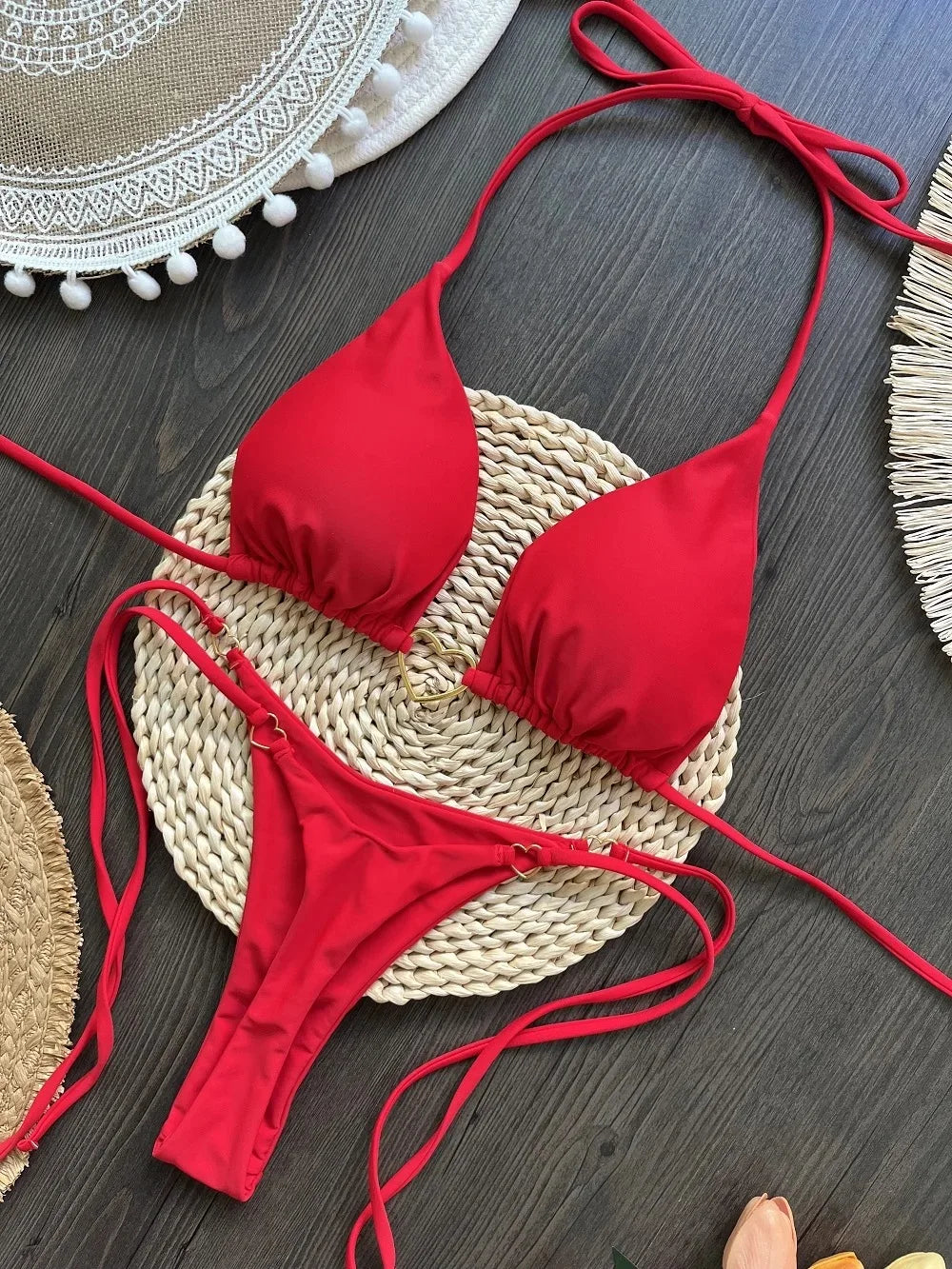Sexy Halter Solid Color Low Waist Bikini Set Women's Swimsuit Two-piece Triangle Thong Swimwear Bathing Suit Brazilian Biquinis