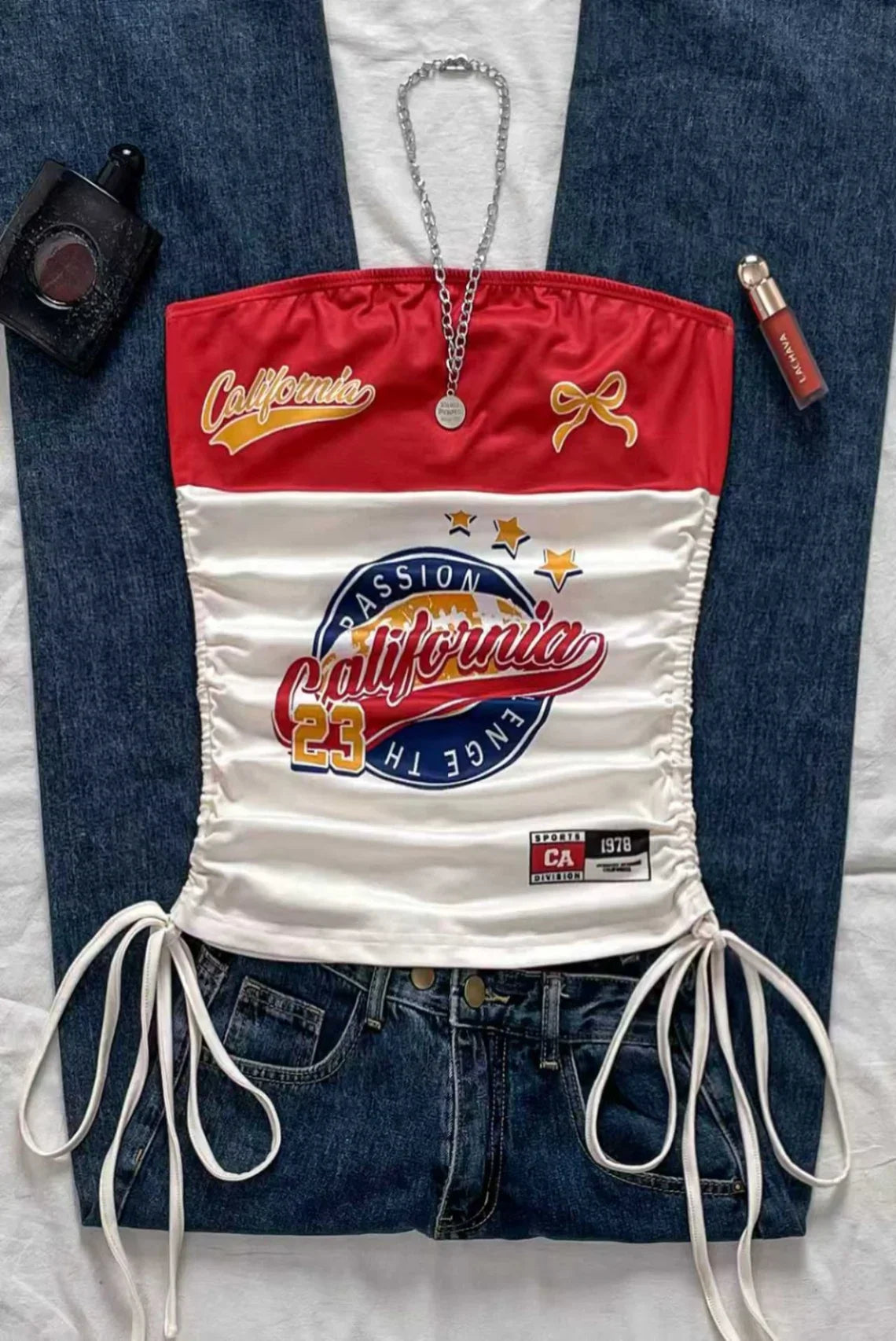 Women's casual retro drawstring front cut vest, suitable for Y2K and guitar prints in spring and summer
