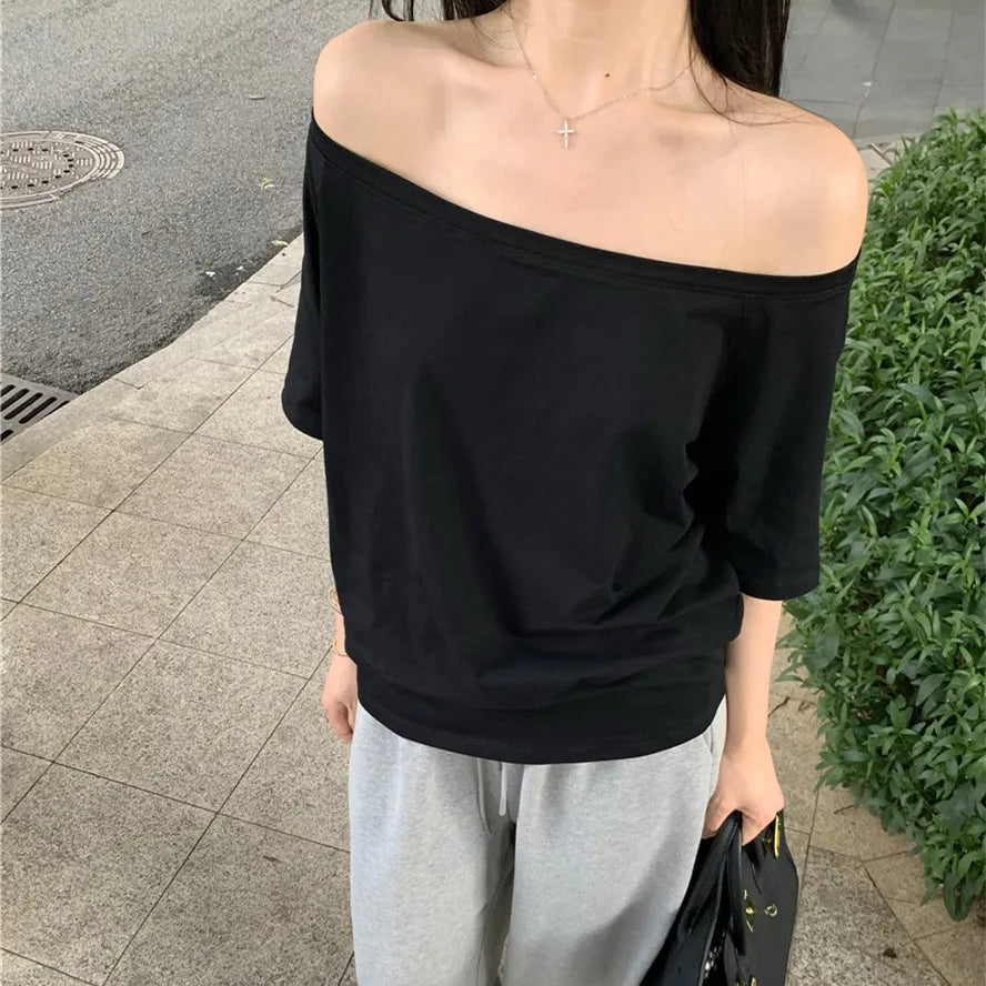 2026 Summer Off Shoulder T-shirt Women Sexy Y2K Korean Fashion Crop Tops Woman Vintage Japanese White Tee Shirt Femme Clothes