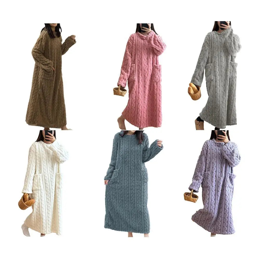 Coral Velvet Women's Nightgown Autumn And Winter Long Sleeve Double Pocket Flannel Nightgowns Women Loose Solid Sleepwear