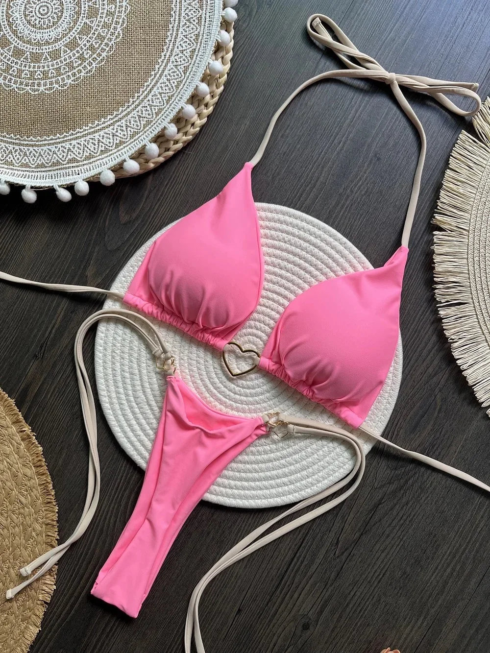 Sexy Halter Solid Color Low Waist Bikini Set Women's Swimsuit Two-piece Triangle Thong Swimwear Bathing Suit Brazilian Biquinis