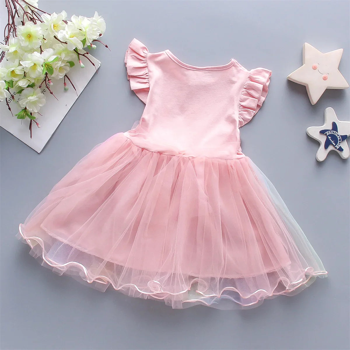 A Cute Girl'S Dress From 0 To 3 Years Old In Summer Sleeveless Love Trojan Horse Print Patchwork Rainbow Mesh Daily Casual Dress