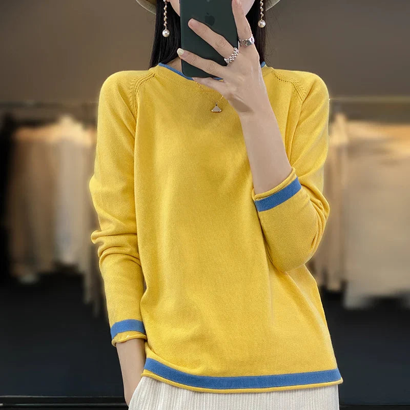 100% Cotton Knitwear Women's Round Neck Sweater Spring And Summer New Loose Color Matching Cotton And Linen Bottoming Shirt