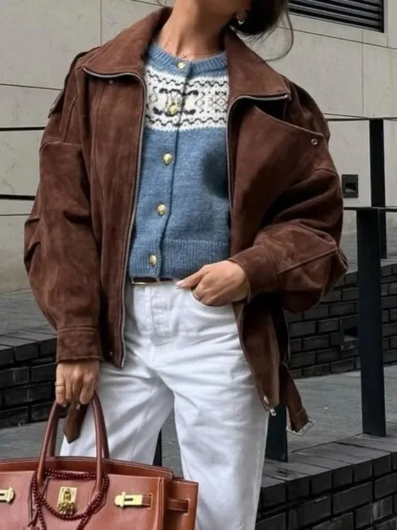 European and American Brown Lapel Irregular Short Loose Jacket Retro Maillard Fashion Casual Top