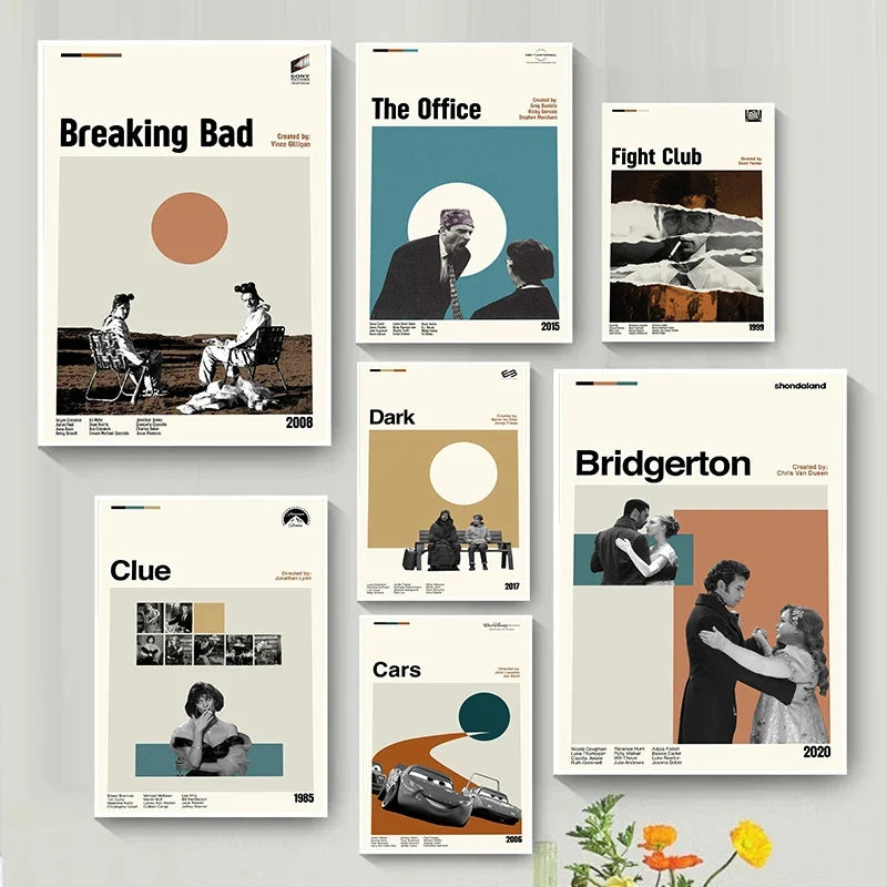 TV Series Movie Posters Set Breaking Bad Cars Fight Club Midcentury Modern Minimalist Retro Vintage Canvas Print Living Room Art