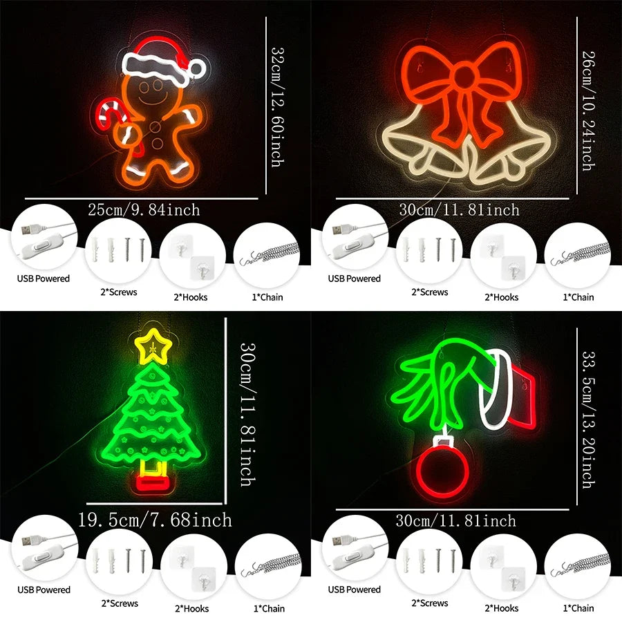 Christmas Series Neon Signs, Bells And Gingerbread Man Icons, Powered By Usb, Used For Room, Bar And Theme Party Art Decor.