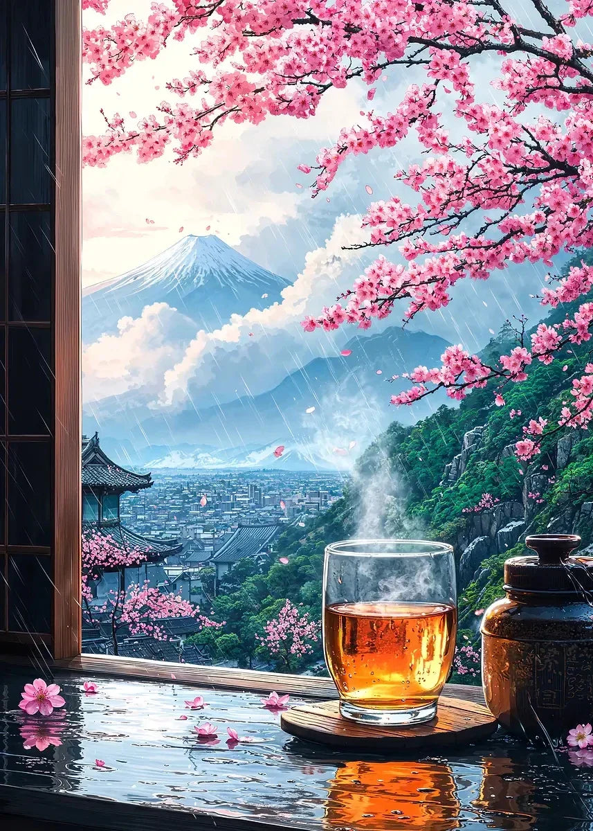 Pink City Asian Travel Japanese Cherry Blossoms At Mount Fuji Poster Light Prints Canvas Painting Wall Pictures Home Room Dec