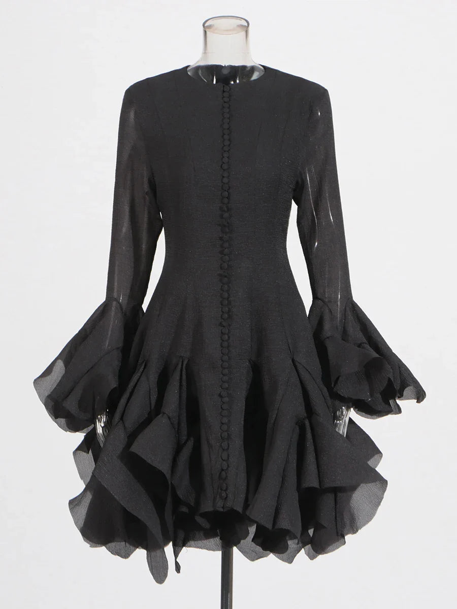 TWOTWINSTYLE Solid Long Dresses For Women Round Neck Flare Sleeve High Waist Slim A Line Spliced Ruffles Dress Female Fashion