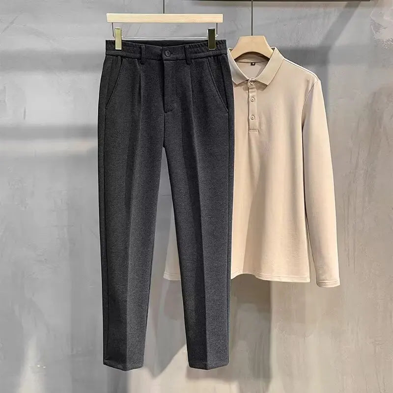 Men's Woolen Casual Pants Autumn Winter Thickened Straight Leg Slim Fit Long Trousers Korean Fashion Nine Points Pants