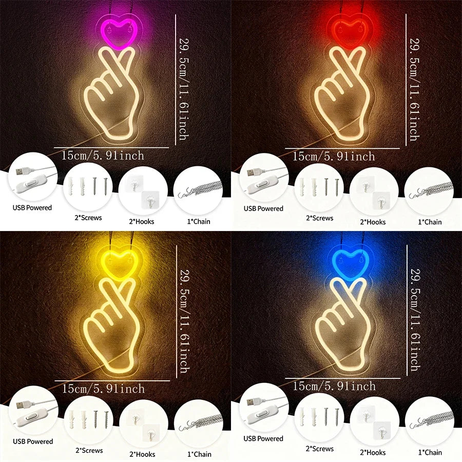 Finger Led Neon Sign, Hand-Than-Love Icon, Girls' Dormitory Decor, Bar, Wedding, Proposal Party Wall Lamp, Christmas Gift.