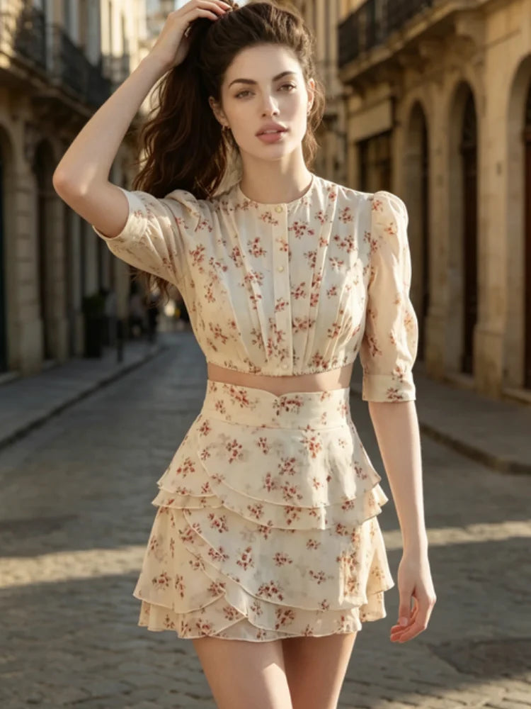 Women's Elegant Floral Print Two Piece Set Fashion Puff Sleeve Crop Top Layered Ruffle Mini Skirt Sets 2026 New Lady Daily Suits