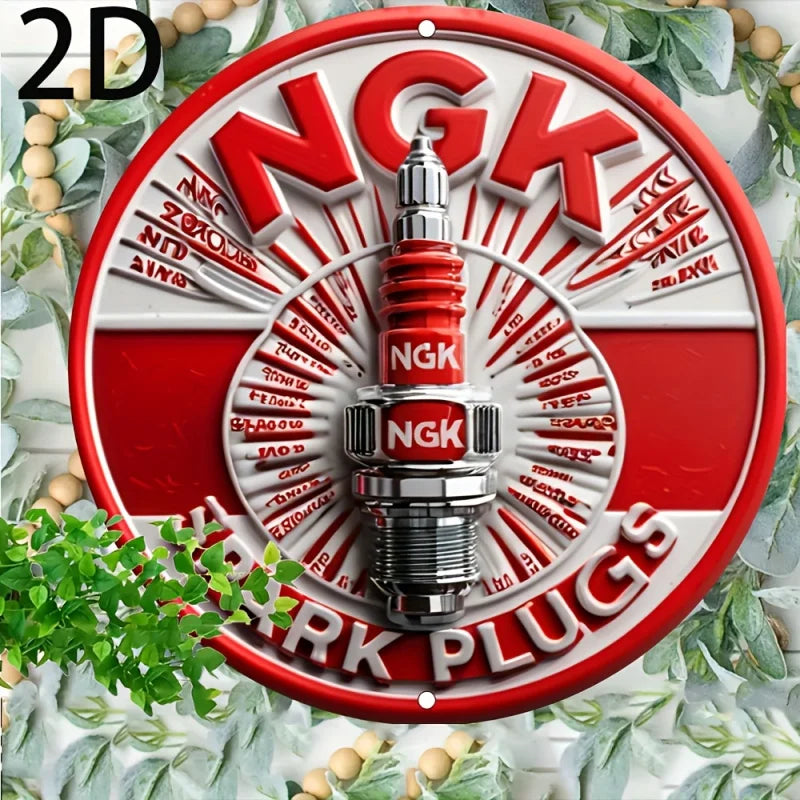 2D Flat, NGK Spark Plugs Aluminum Wall Sign, Retro 2D Round Metal Tin Plaque, Pre-Drilled, Waterproof, Weather-Resistant