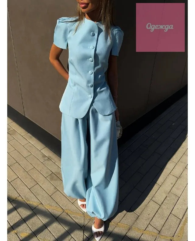 Women's Frog Button Puff Sleeve Shirt Trousers Set O-neck Leg-binding Lantern Pants Suits Lady 2026 Spring Summer Female Outfits