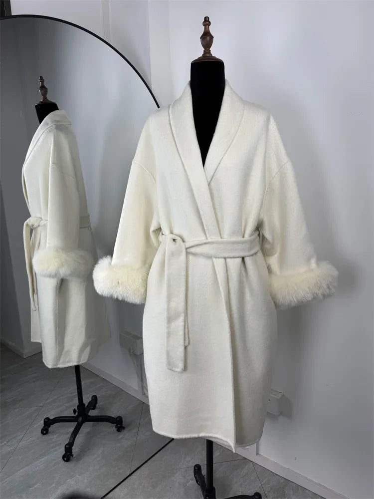 Tossy Fox Fur Wool Overcoat Women's Short Coat Office Lady Elegant Double-sided Woolen Coat 2025 New Cardigan Jackets Loose Wool