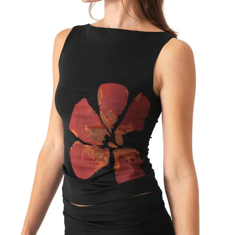 2025 New Fashion Women's Crop Tank Tops Fitted Flower Print Boat Neck Sleeveless Summer Tops for Party Club