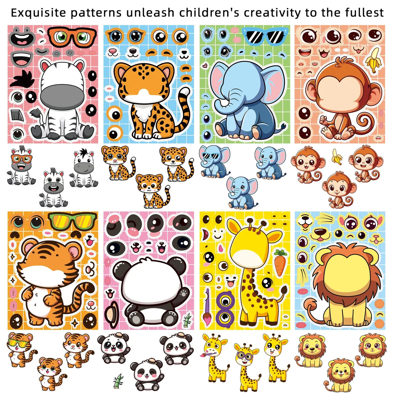 8/16/24PCS Cartoon Animal Puzzle Stickers Make a Face Cartoon Decals Stationery Notebook Phone Laptop Decoration Stickers