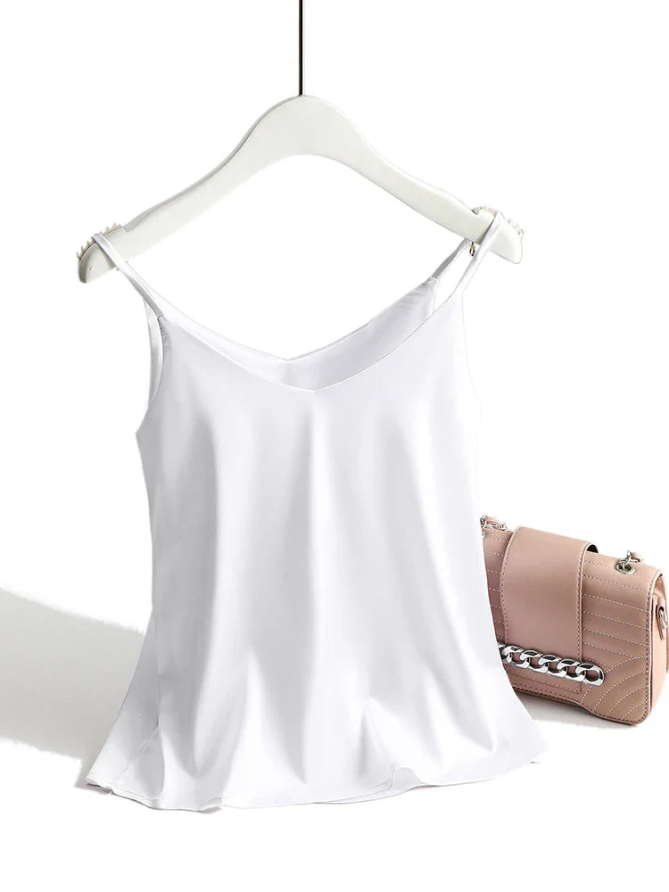 AOSSVIAO 2026 Spaghetti Strap Top Women Halter V Neck Basic White Cami Sleeveless Satin Silk Tank Tops Women'S Summer Camisole