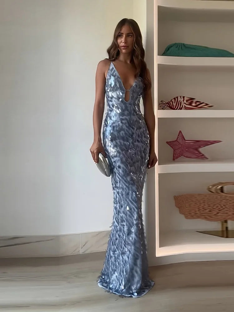 Fashion Sequined V Neck Sling Dress Women Evening Party Sleeveless Backless High Waist Maxi Dresses 2024 New Christmas Gown Robe