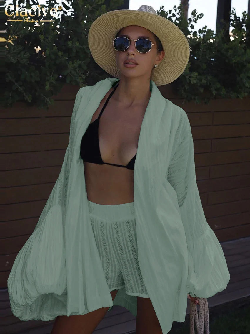 Clacive Fashion Loose White Cotton Sets For Women 2 Pieces 2025 Elegant Puff Sleeve Robes With High Waist Shorts Set Female