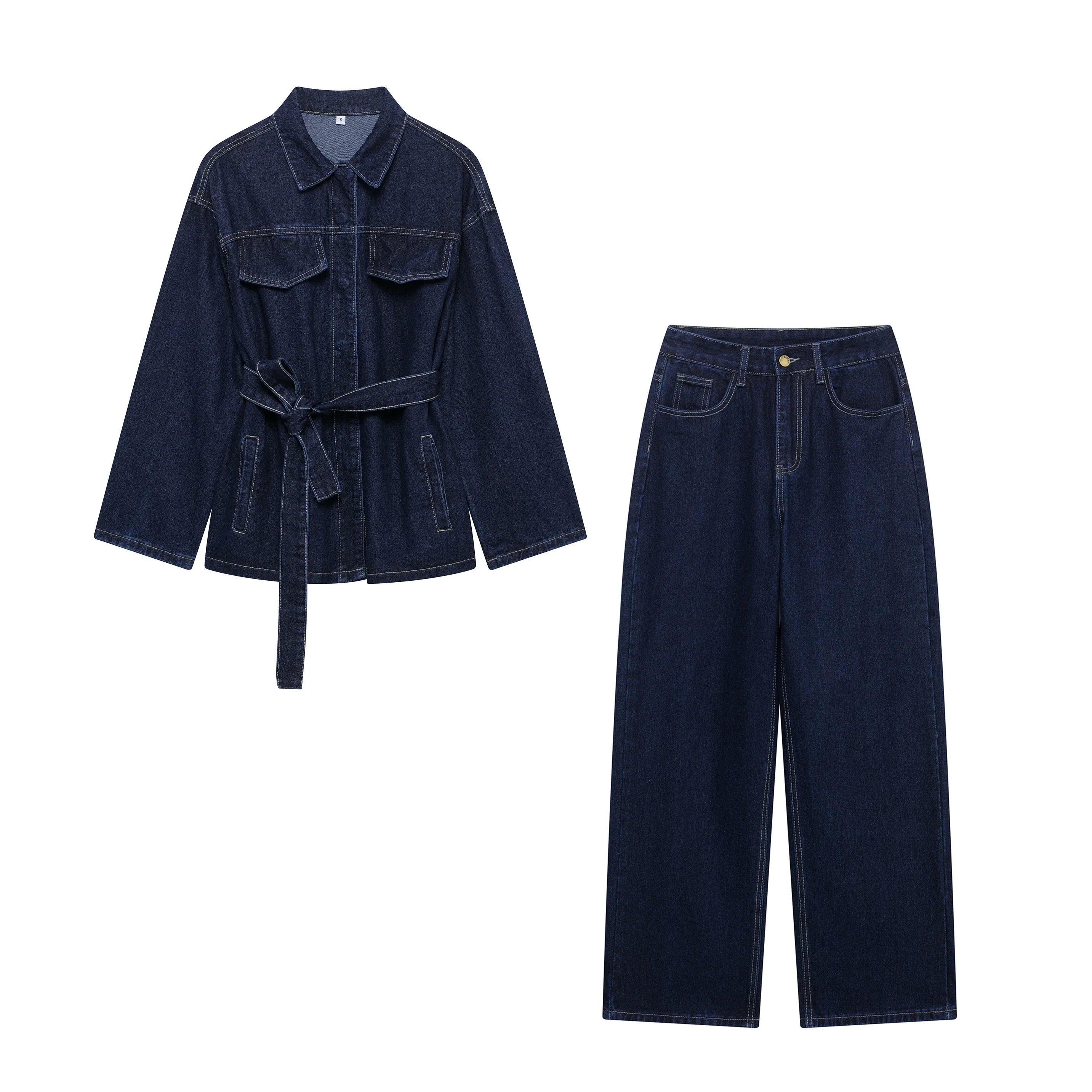 DUOPERI Women Fashion 2 Pieces Sets With Belt Denim  Jackets & Vintage Front Zipper Jeans Trousers Feamle Chic Lady Pants Sets