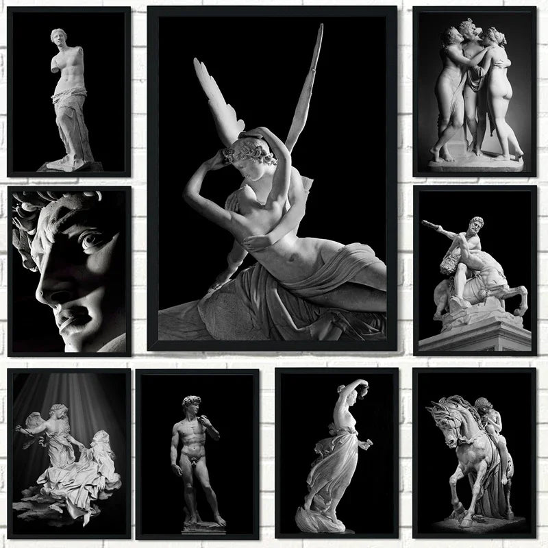 Nordic Simple Wall Art Black Ancient Greek Gods Sculpture David Statue Canvas Print Poster Home Living Room Bedroom Decoration