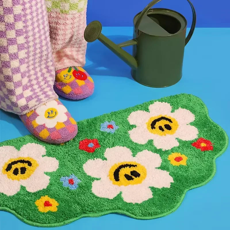 VIKAMA Cartoon Rainbow Floral Rug Soft Non-Slip Doormat For Home Use Bathroom Mat Bedside Rug For Bedroom Home Decor