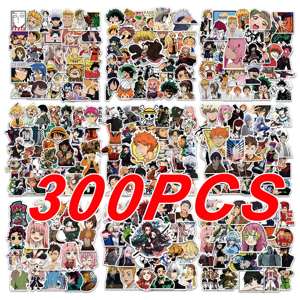 300Pcs Mix Anime Stickers for Kids Onepiece JujutsuKaisen DragonBall Sticker DIY Car Wall Cool Cartoon Decals Waterproof Toy
