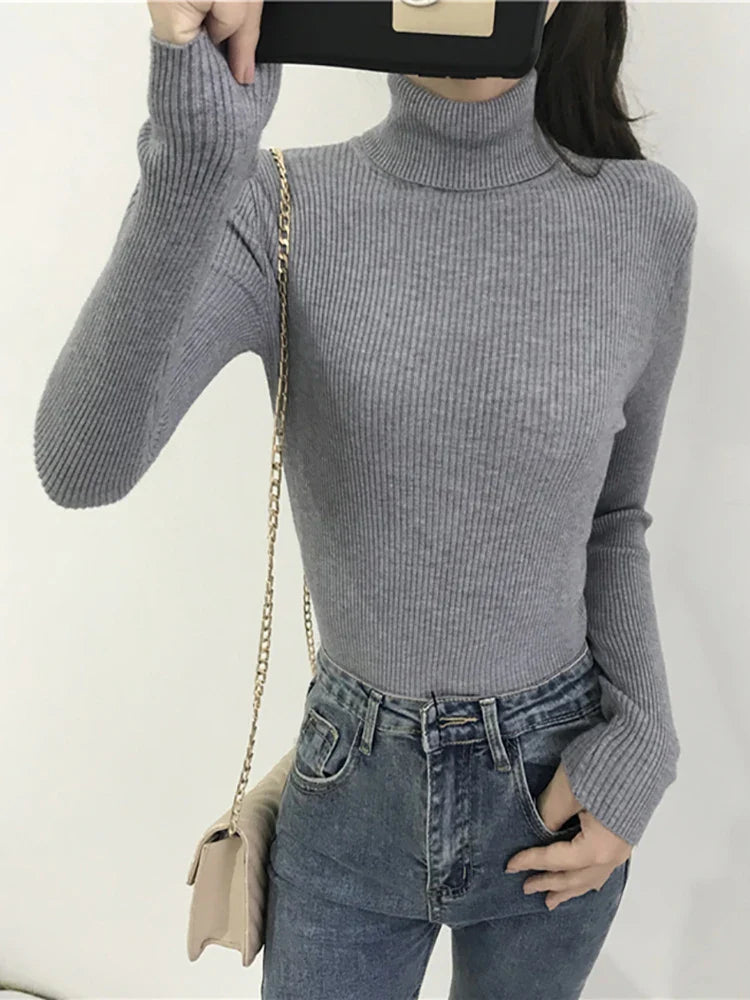 2026 Autumn Winter Thick Sweater Women Knitted Ribbed Pullover Sweater Long Sleeve Turtleneck Slim Jumper Soft Warm Pull Femme