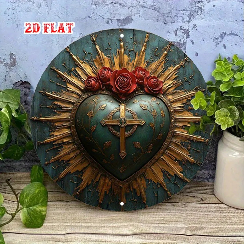 Religious Sacred Heart Round Aluminum Sign - 7.87
