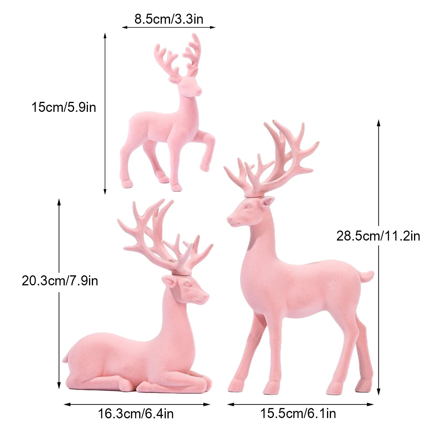 3 Pcs Large Figurines Christmas Decorations Pink Flocked Reindeer Statue Christmas Decor,White Elk Solid Synthetic Resin