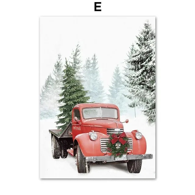 Winter Snow Scenery Picture Wall Art Canvas Painting Pine Santa Elk Poster and Print for Christmas Home Decor Living Room Design