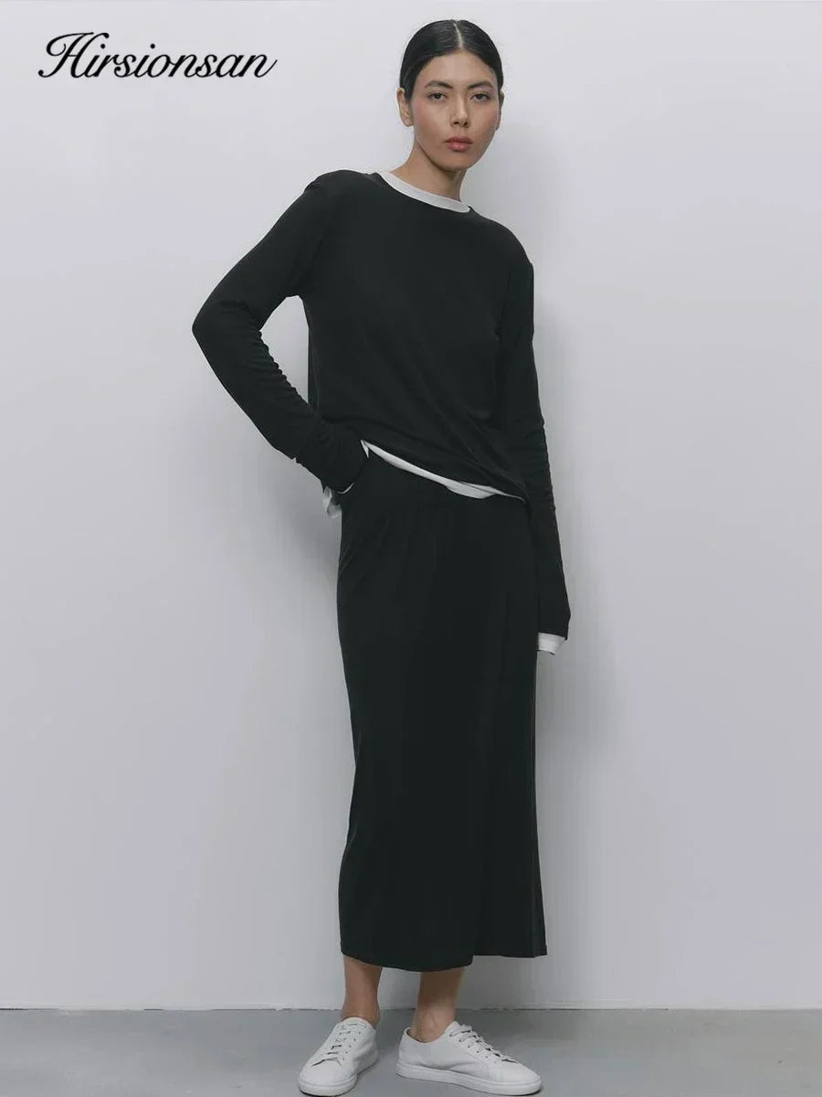 Hirsionsan Modal Soft Loose Sets Women 2026 Casual Two Pieces Long Sleeve T Shirts and High Waist Dresses Outfits Tracksuit
