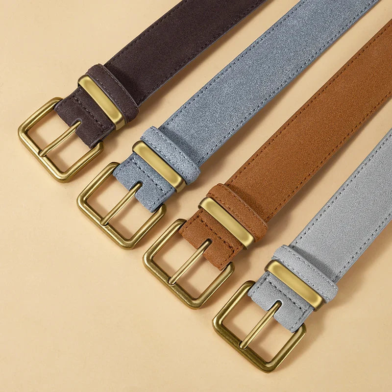 Luxury Suede Cowhide Leather Belt for Women, Vintage Style with Gold Buckle, 3.5cm Wide Waistband for Dresses & Jeans 2042