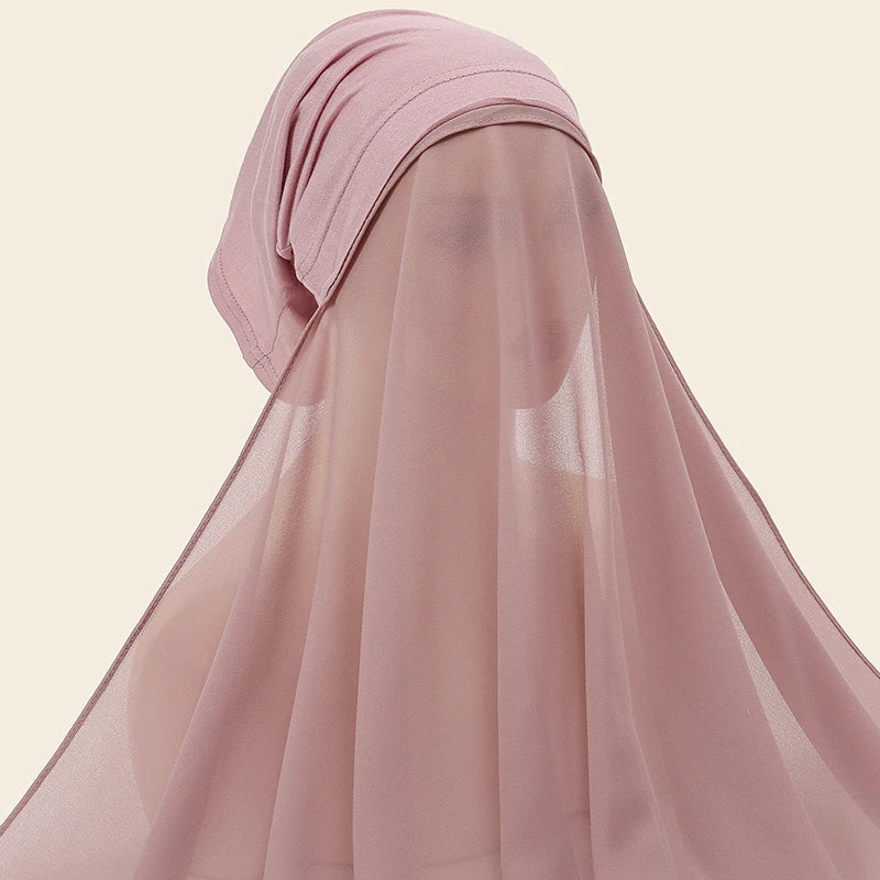 New Plain Instant Hijab Bubble Chiffon With Modal Tube Cap Set Muslim Woman Hijab Innerscarf Casual Long Scarf Islamic Turban