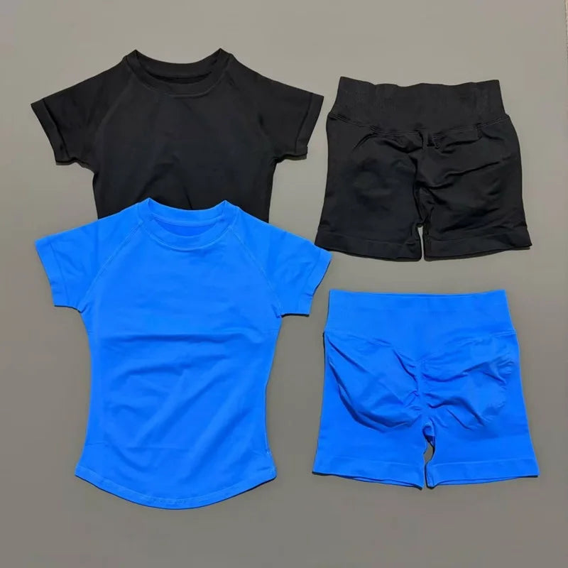 2 Pcs HISTELLO Sports Gym Sets Short Sleeve Seamless Yoga Clothing Fitness Set Women Workout Running Sports Short Leggings Suit