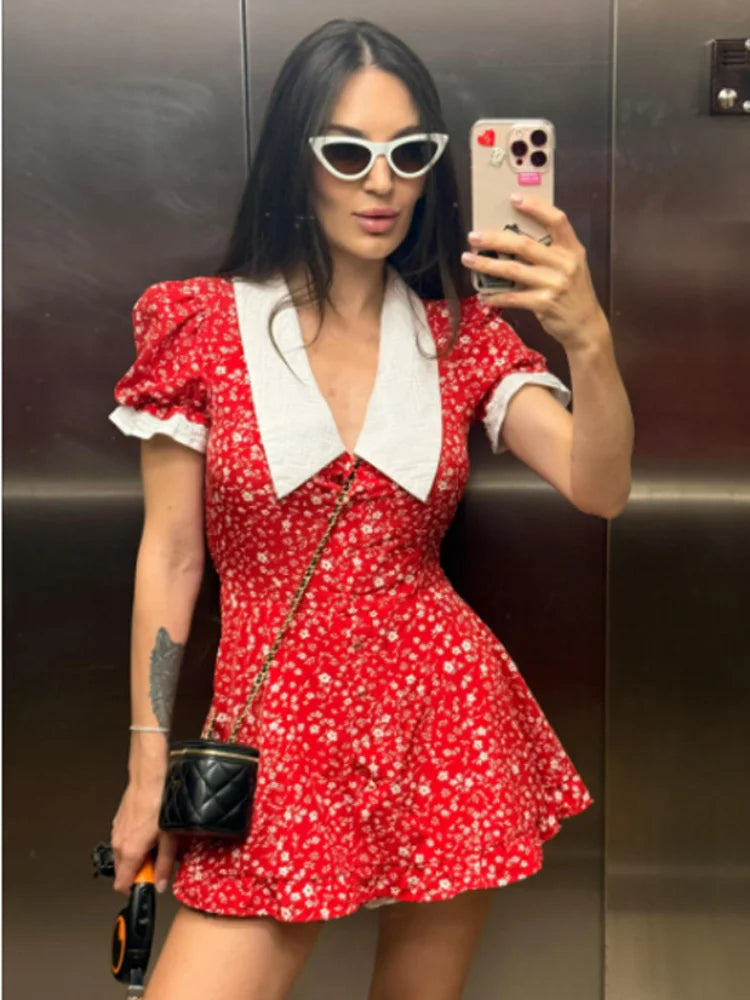 Women Sweet Floral Print Short Dress Elegant V Neck Puff Sleeves Layered Ruffles Vestidos 2026 Summer Female Party Chic Dresses
