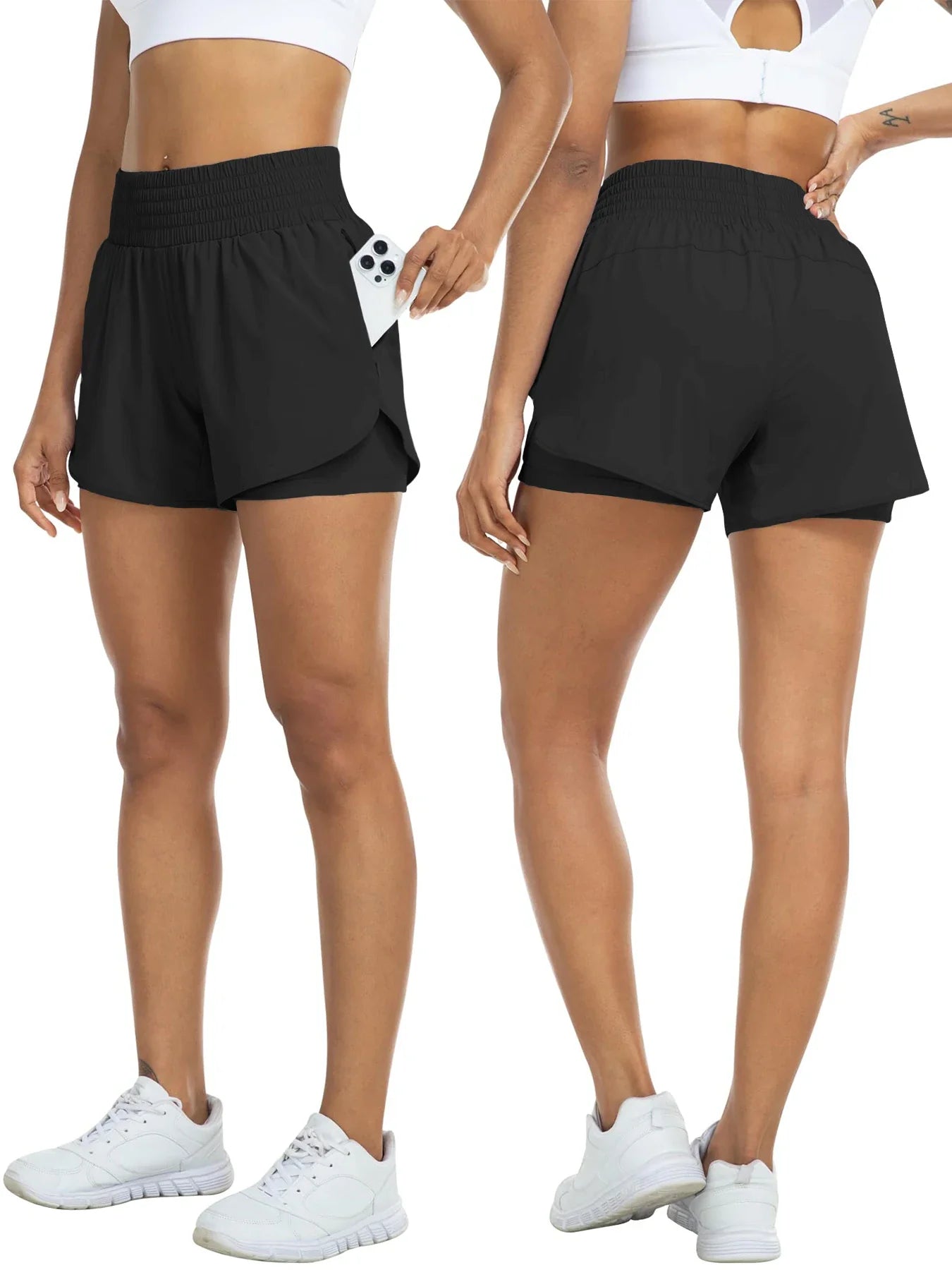 Women's high-waisted athletic shorts for running, yoga, layered design, anti-exposure, fitness, and workout with pockets