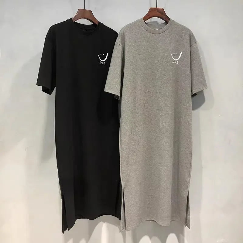 2025 Plus Size Summer Women's Smiley Side-Slit T-Shirt - Casual Loose Fit Dress