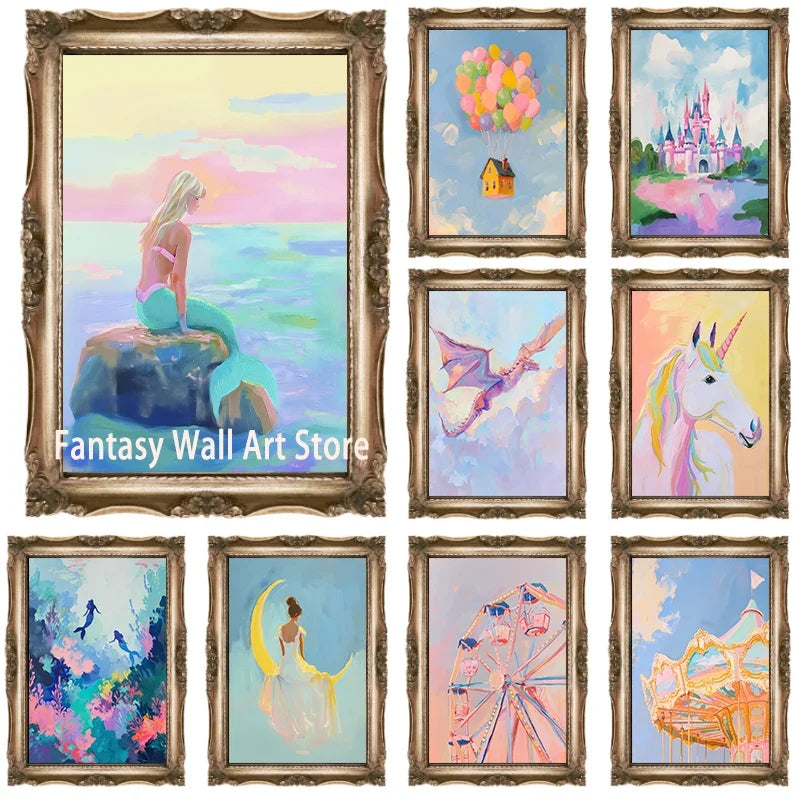 Fairy Tale World Illustration Poster Pink Castle Mermaid Illustration Wall Decor Nursery Room Kids Room Wall Decor Canvas Prints