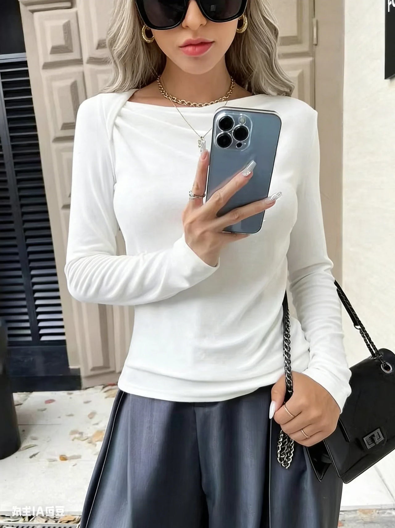 Long Sleeve Top T-Shirts Women Basic Crop Top Autumn Pollover Solid Skew Neck T Shirt Streetwear Basic Black Y2K Tees