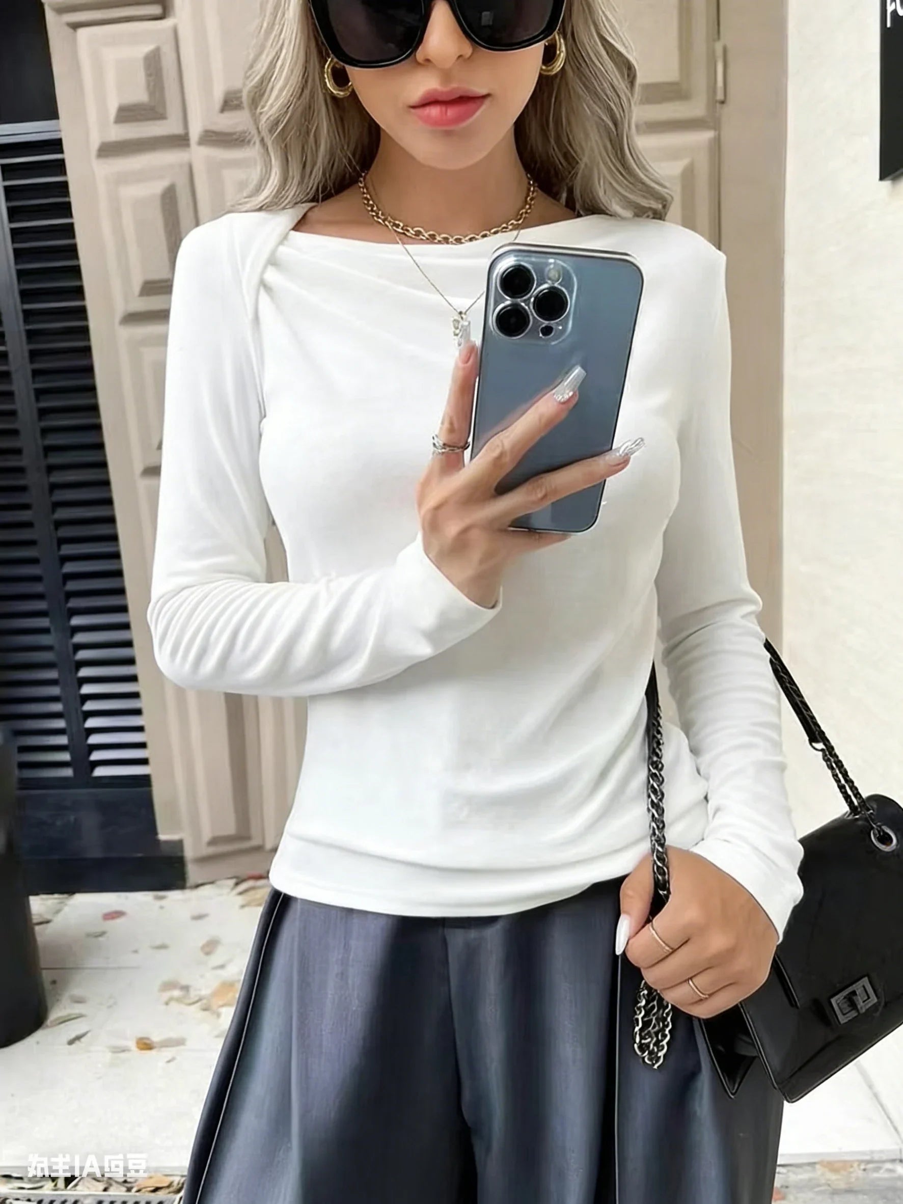 Long Sleeve Top T-Shirts Women Basic Crop Top Autumn Pollover Solid Skew Neck T Shirt Streetwear Basic Black Y2K Tees